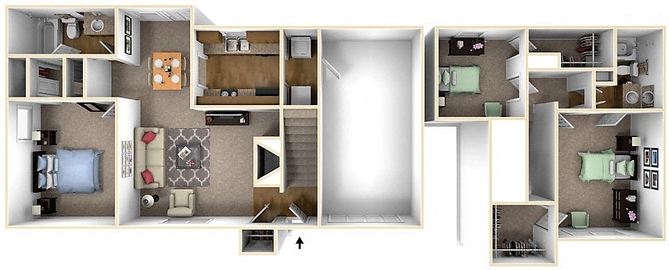 Floor plan for 3 beds, 2 baths, 1265 sqft